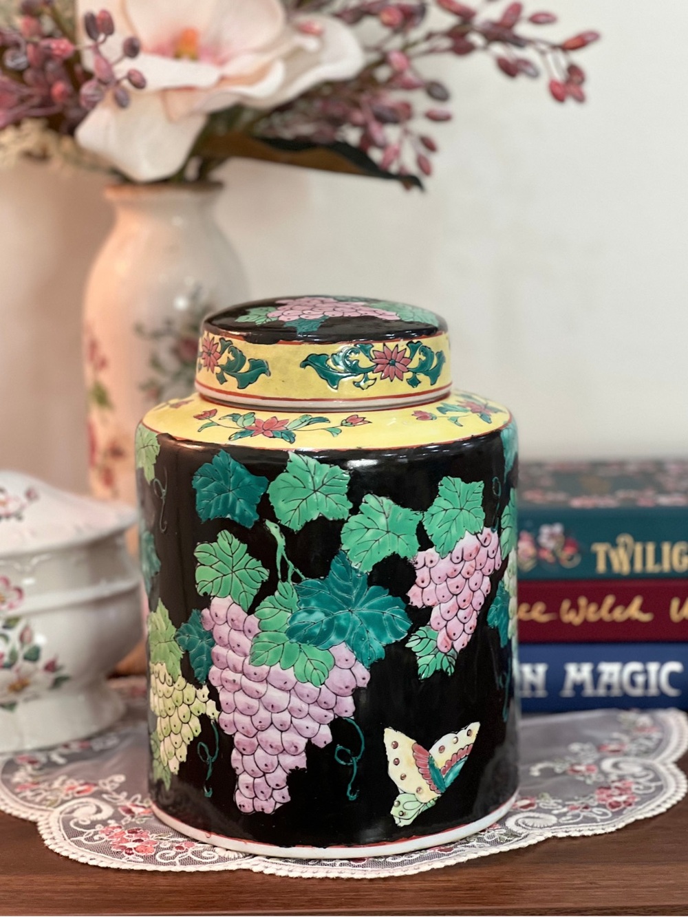 Decorative Pink & Green Grape Motif Ceramic Jar